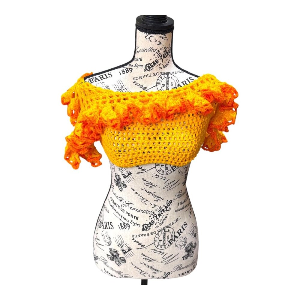 Handmade Crochet Ruffle Crop Top In Yellow & Orange XXS Boho Hippie Y2K Grunge